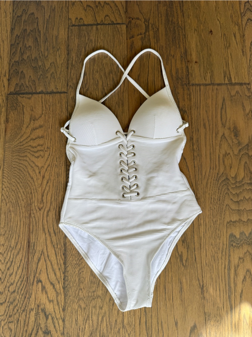 White Lace-Up Ribbed One-Piece Swimsuit